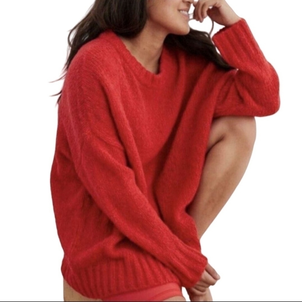 Aerie Alpaca Wool Blend Red Oversized Crewneck Sweater Size XS